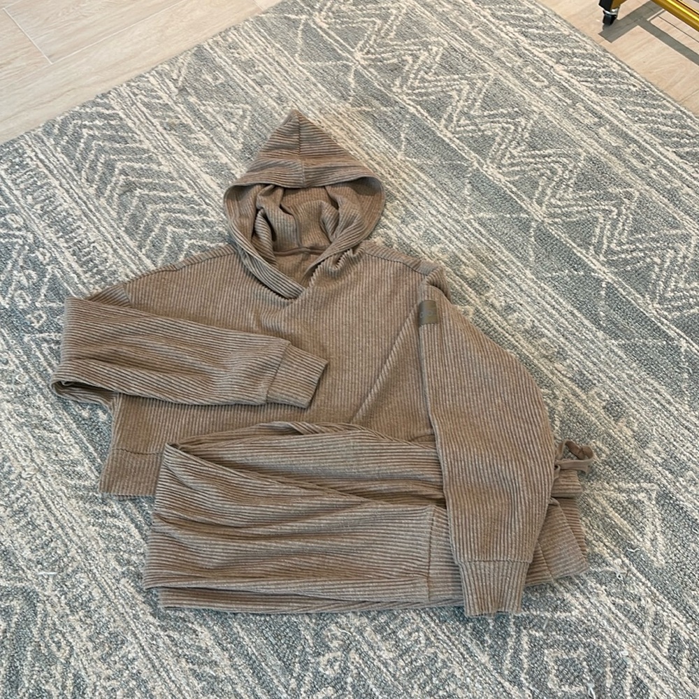 Alo sweat suit with tie waist pull on pants and crop top hoodie. Size small.
